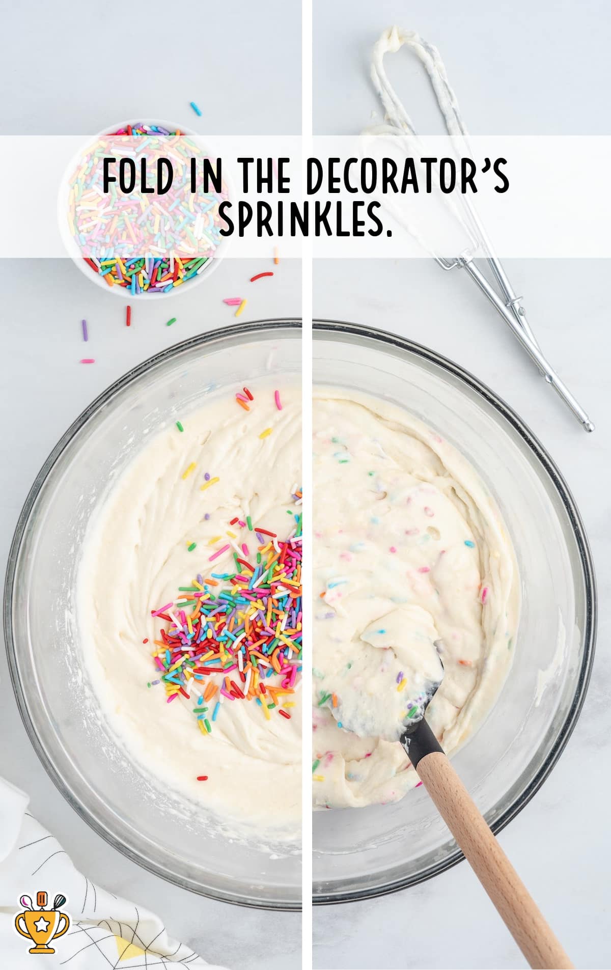 Funfetti Cupcake mixture in a bowl with some decorators sprinkles