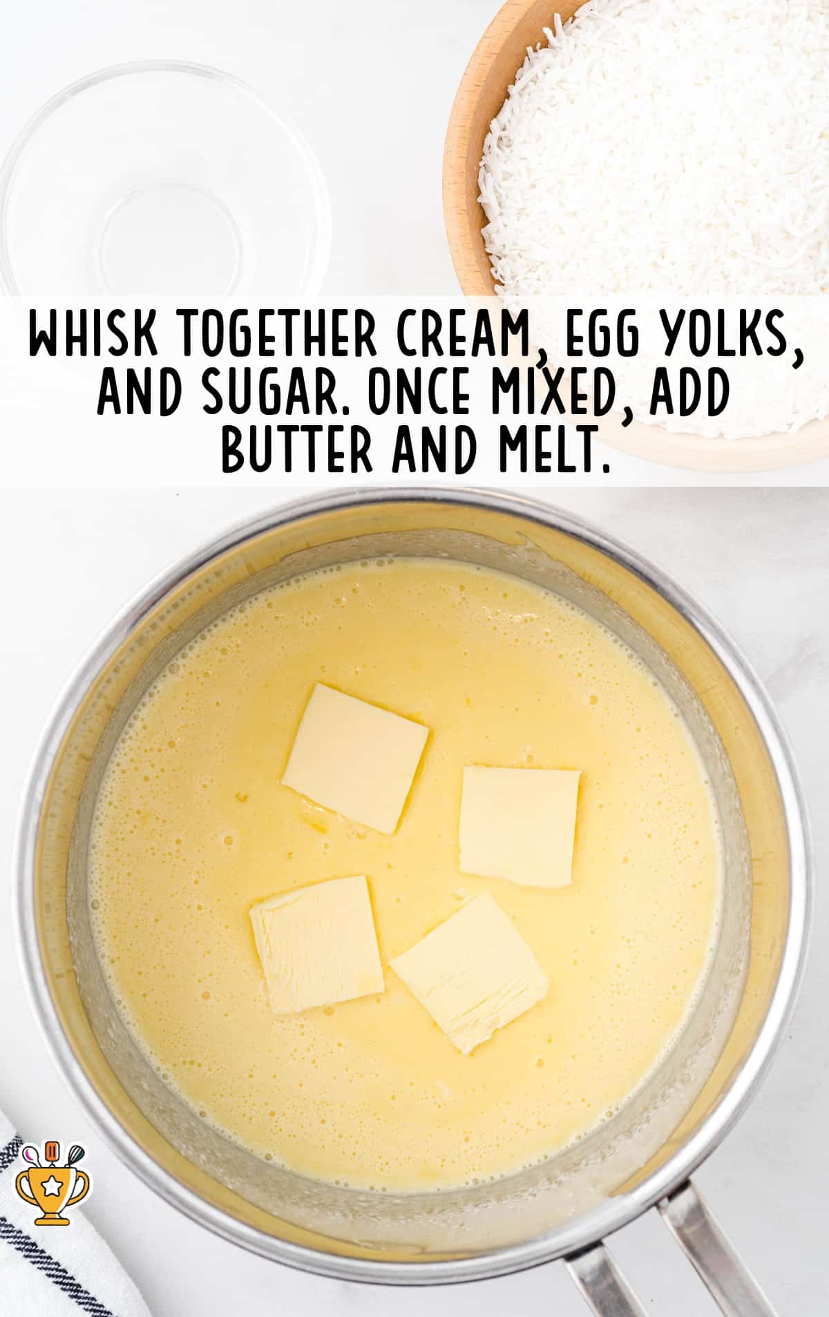 whisking together cream, egg yolks and sugar, butter and melt in a pan