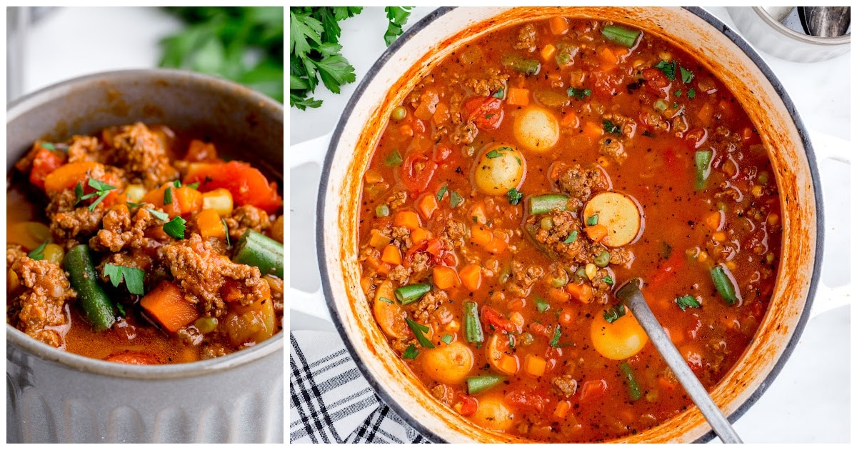 Hamburger Stew in a pot and in a bowl