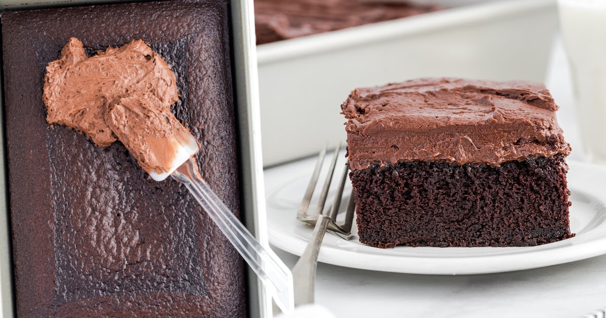 Hershey Chocolate Cake in a baking dish and a piece of Hershey Chocolate Cake on a plate with a fork