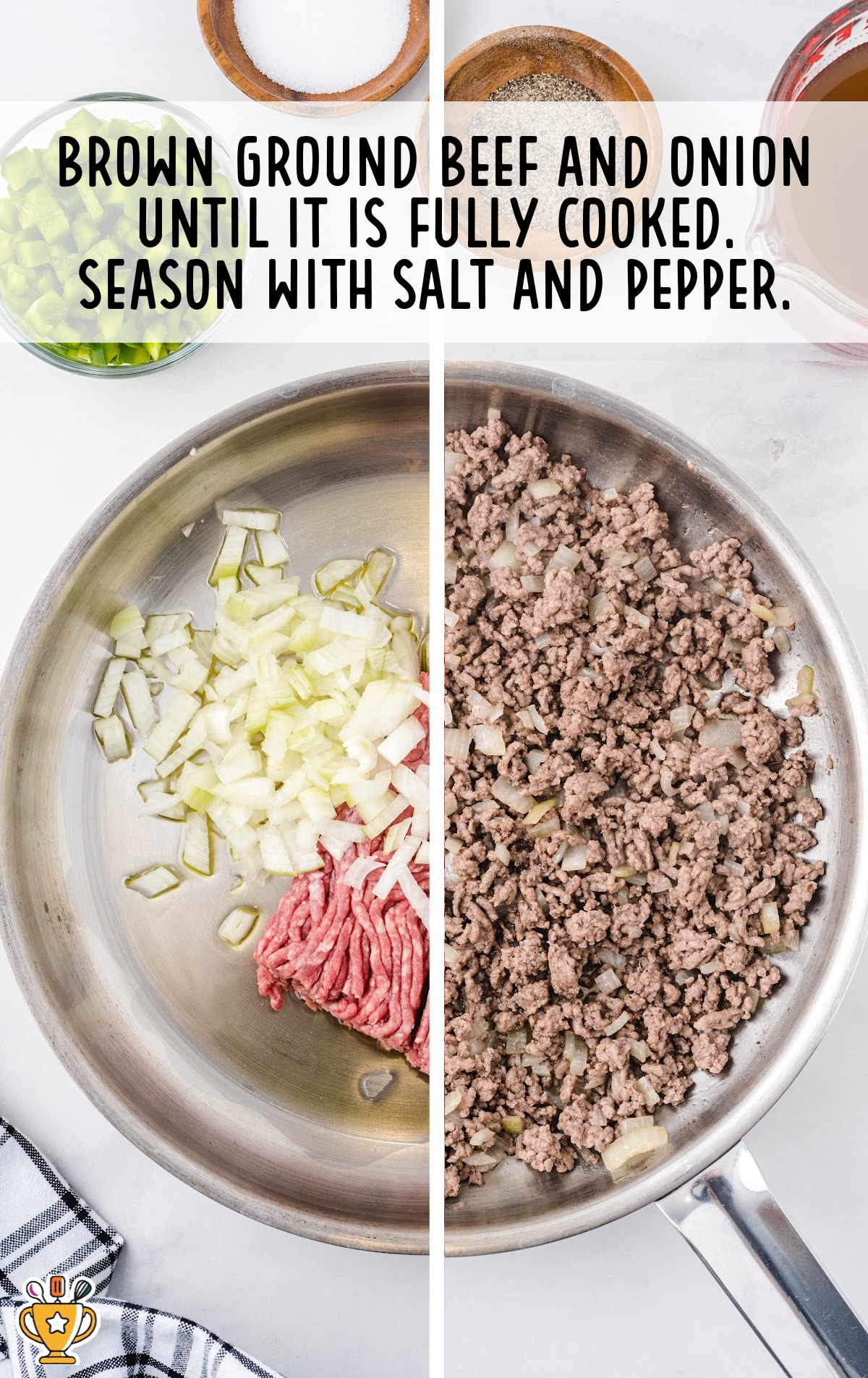 ground beef and onion cooked in a skillet