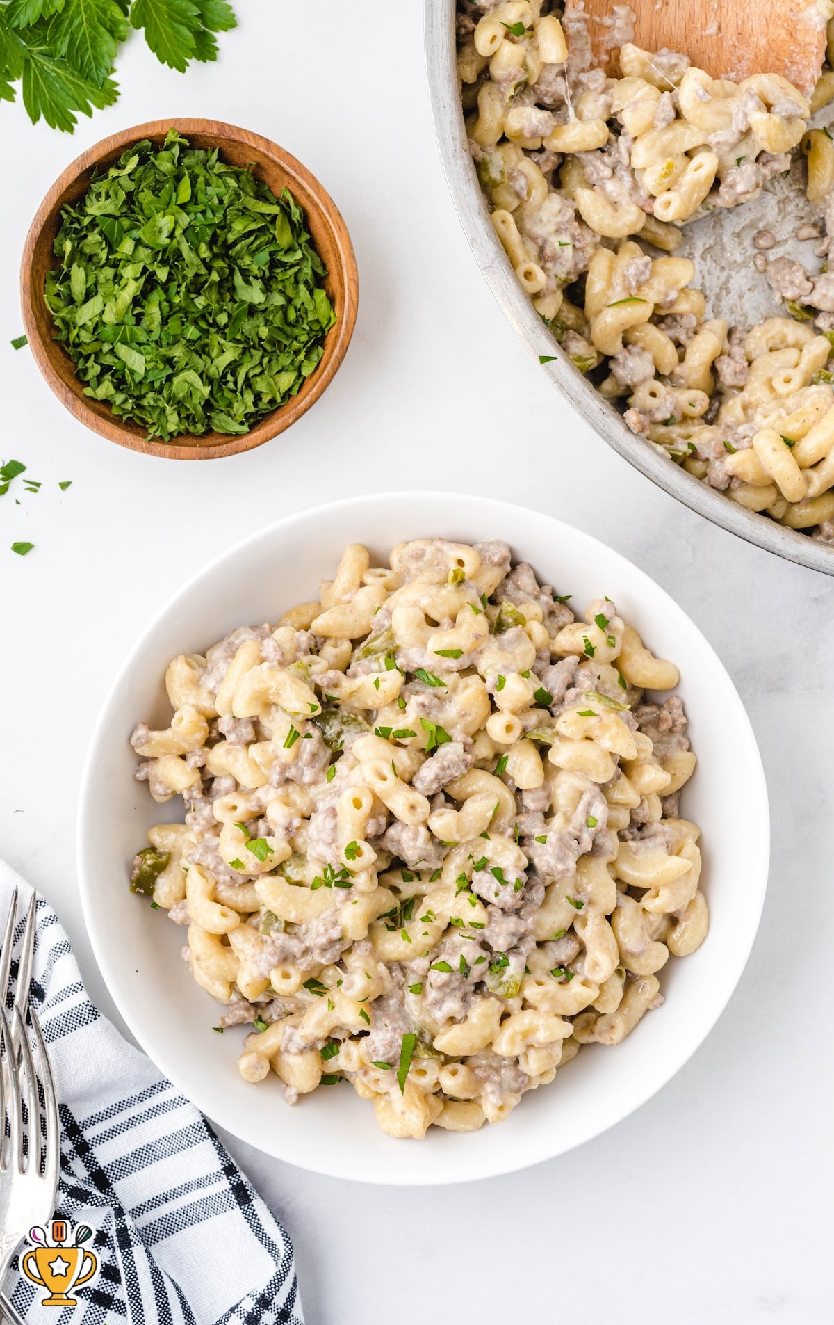 a bowl full of Philly Cheesesteak Pasta