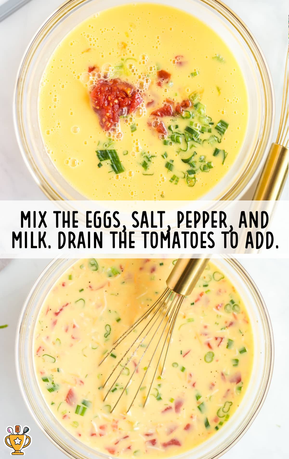 eggs, salt, pepper and milk mixed together in a bowl with a whisker in it