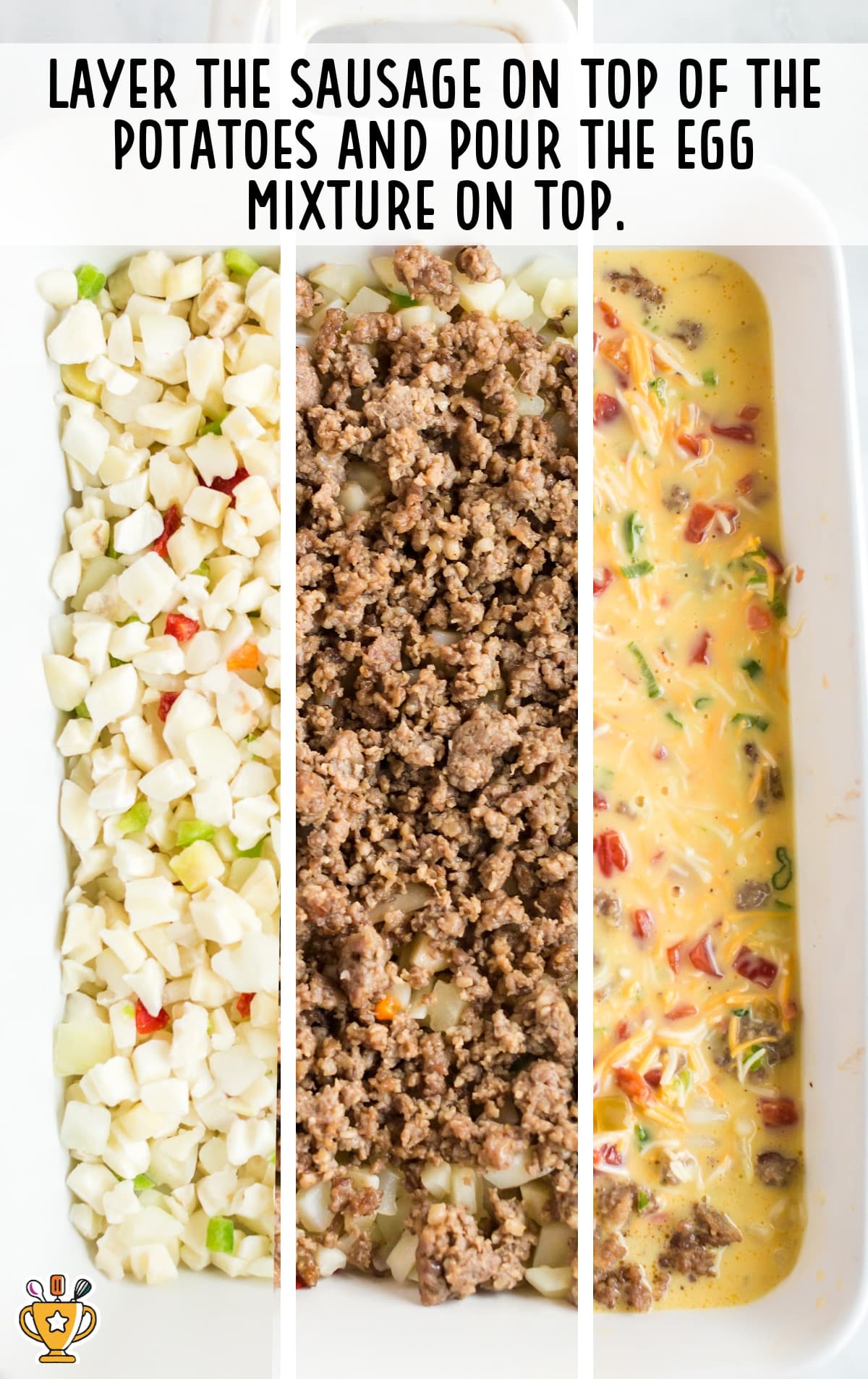 sausage layered on top of potatoes ,egg mixture poured on top