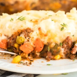 Shepherd's Pie on a plate with a fork