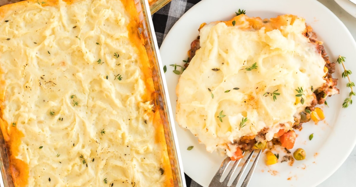 Shepherd's Pie on a plate with a fork and in a dish