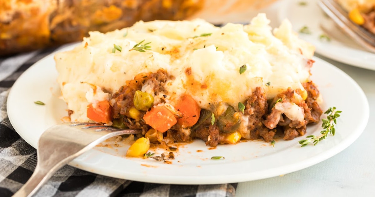 Shepherd's Pie on a white plate and a fork