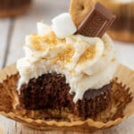 A S'mores Cupcake with a bite out of it.