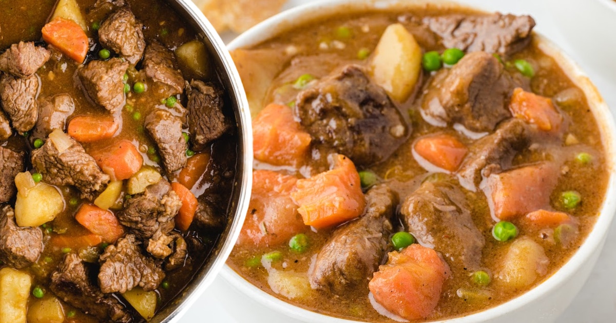 a bowl and a pan full of Beef Stew