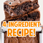 Cake Mix Brownies in a baking pan and slices of Cake Mix Brownies stacked together