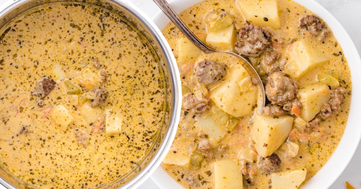 Cheeseburger Soup in a pot and in a bowl