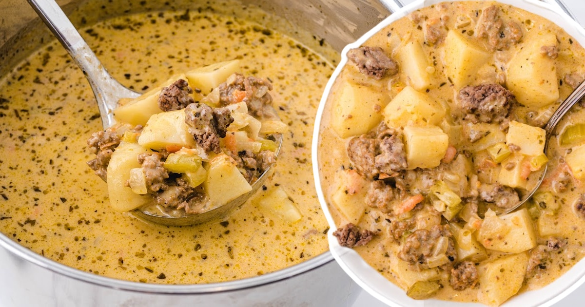 Cheeseburger Soup in a pot and in a bowl