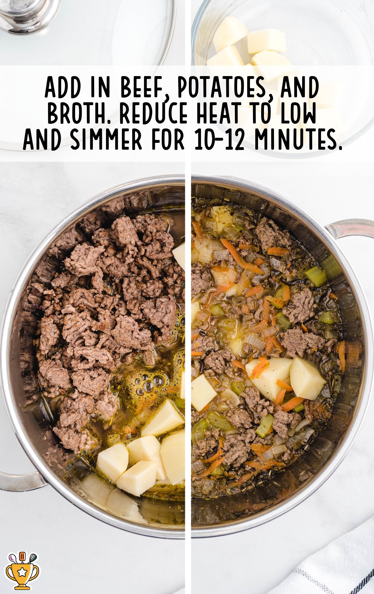 beef, potatoes and broth added in a pot