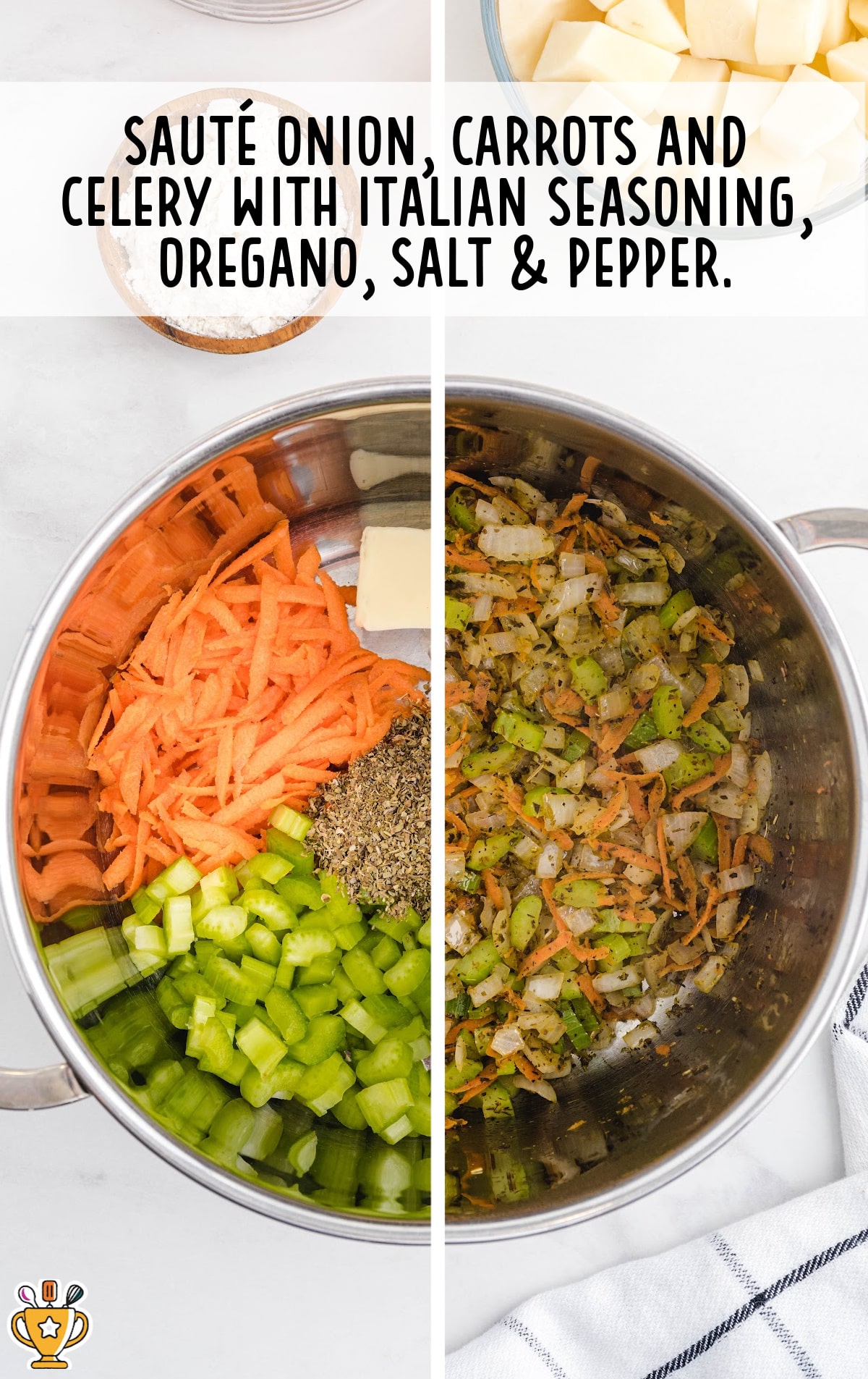 onion, carrots, celery, oregano, salt and pepper added in the pot