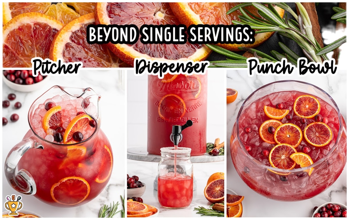 Cranberry Christmas punch served in a pitcher, glass drink dispenser, and punch bowl, filled with ice, blood orange slices, and cranberries for a large holiday gathering.
