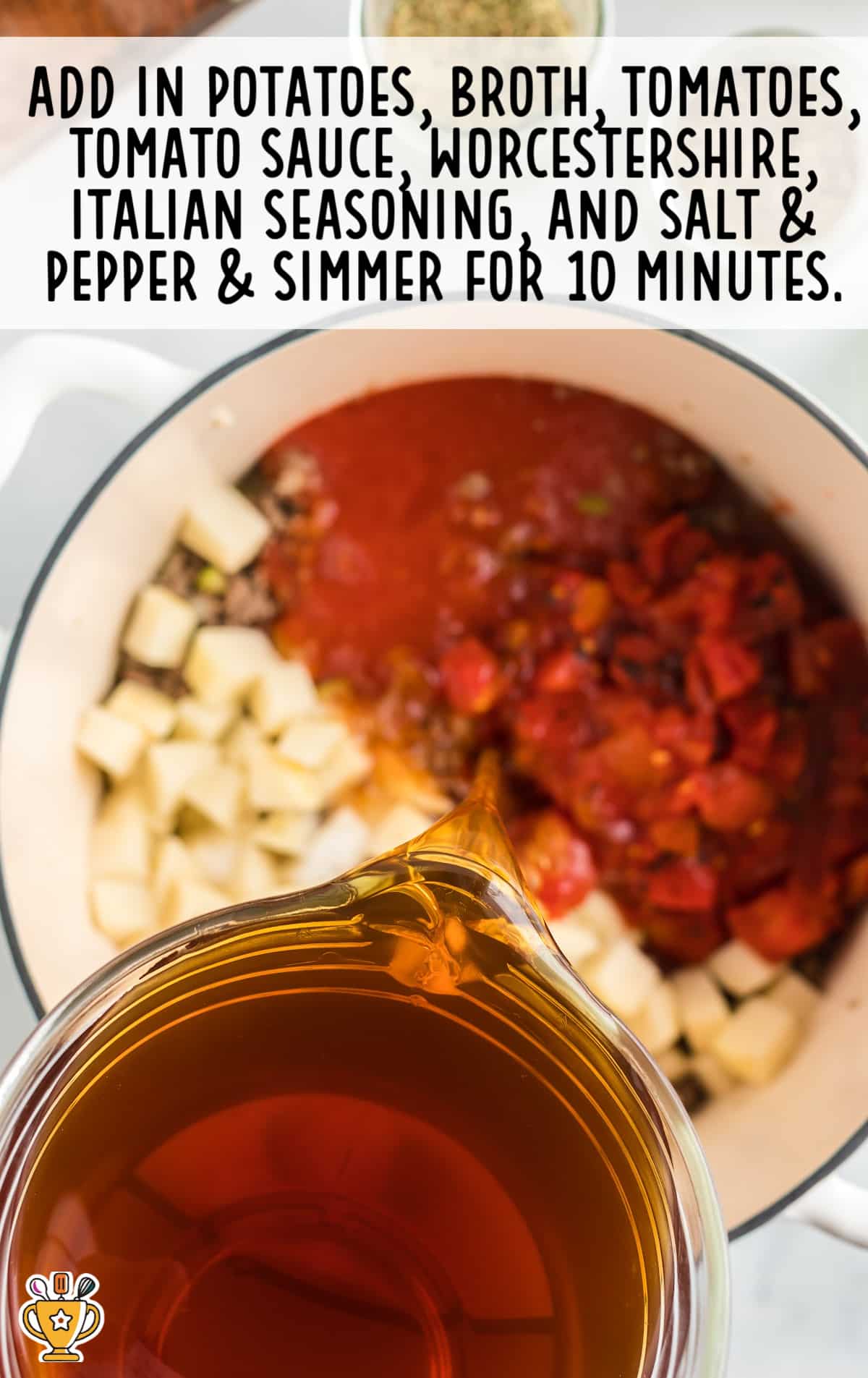 potatoes, broth, tomatoes, tomato sauce, Worcestershire, Italian seasoning and salt and pepper added in a crockpot