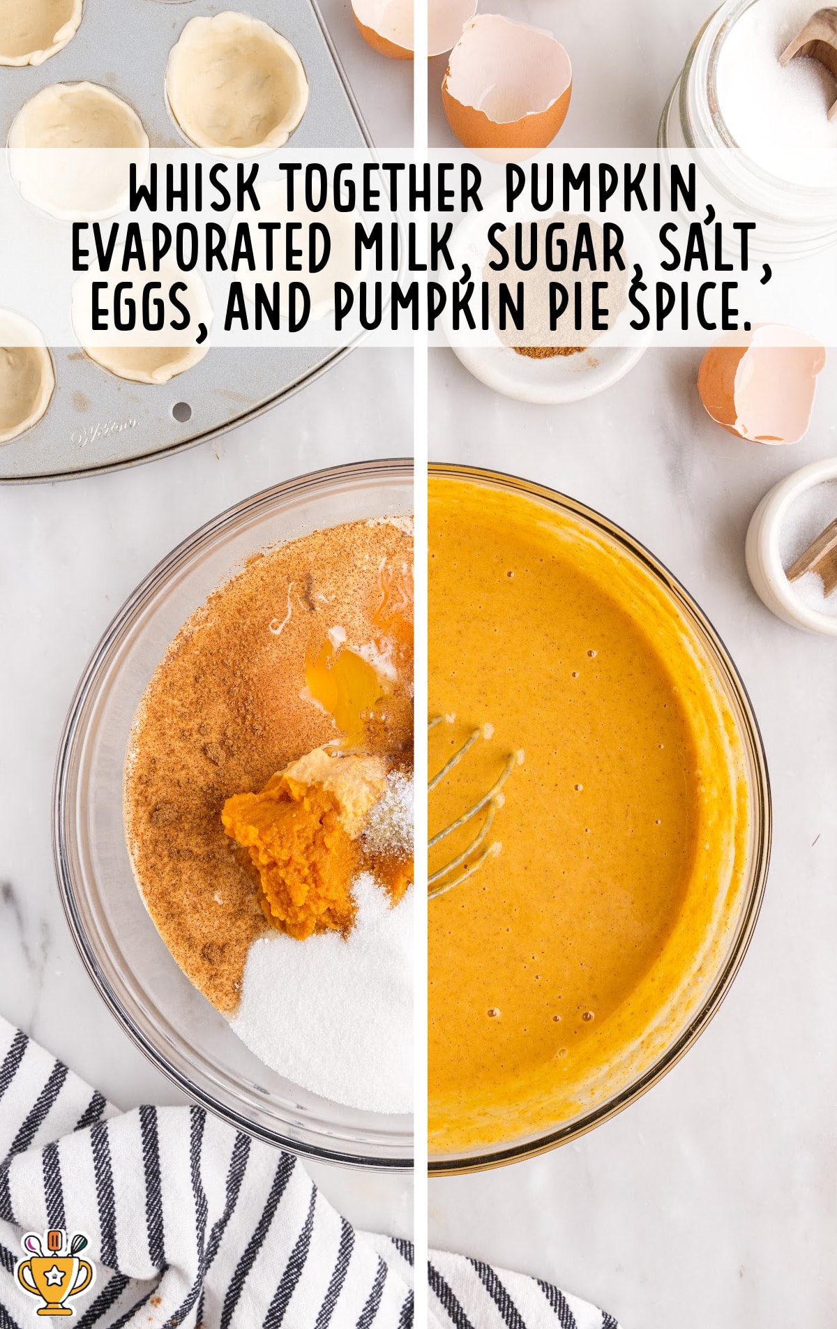 whisking together pumpkin, evaporated milk, sugar, salt, eggs and pumpkin pie spice in a bowl