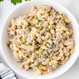 Philly Cheesesteak Pasta in a bowl