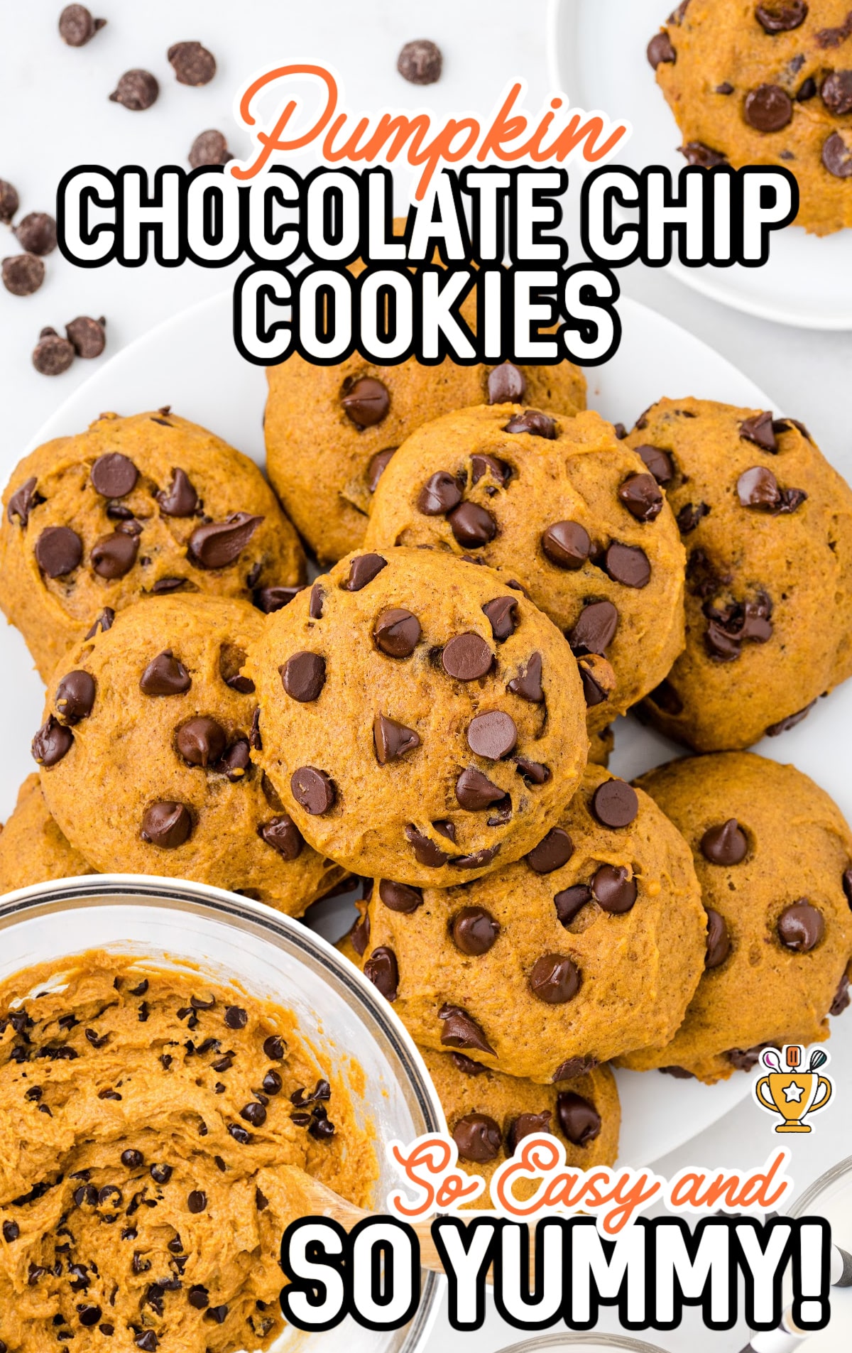 a bunch of Pumpkin Chocolate Chip Cookies on a plate