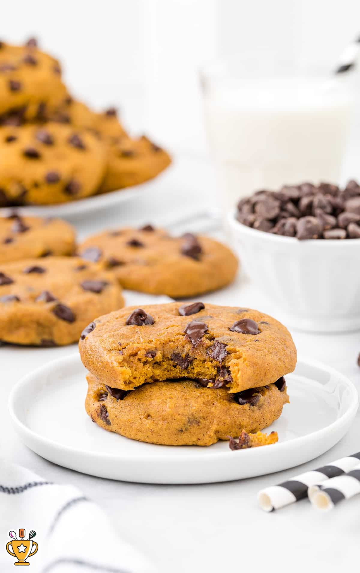 two Pumpkin Chocolate Chip Cookies on a plate