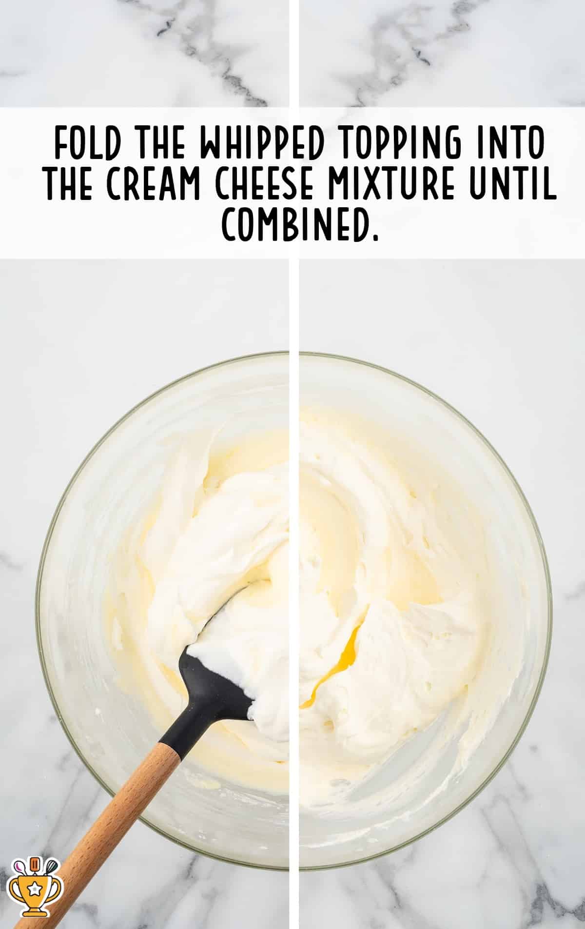 whipped topping mixed with the cream cheese in a bowl