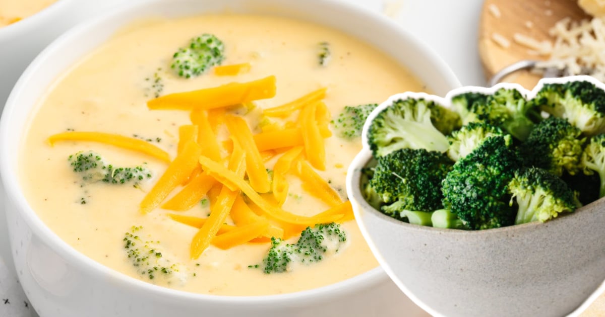 Broccoli Cheese Soup in a bowl and some broccoli in a bowl