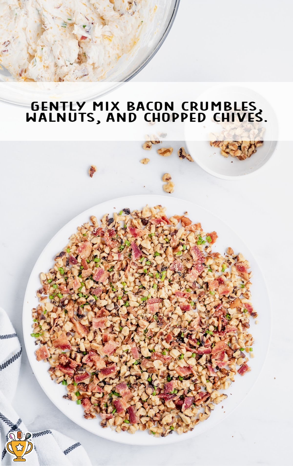 bacon crumbles, walnuts and chopped chives mixed together on a plate
