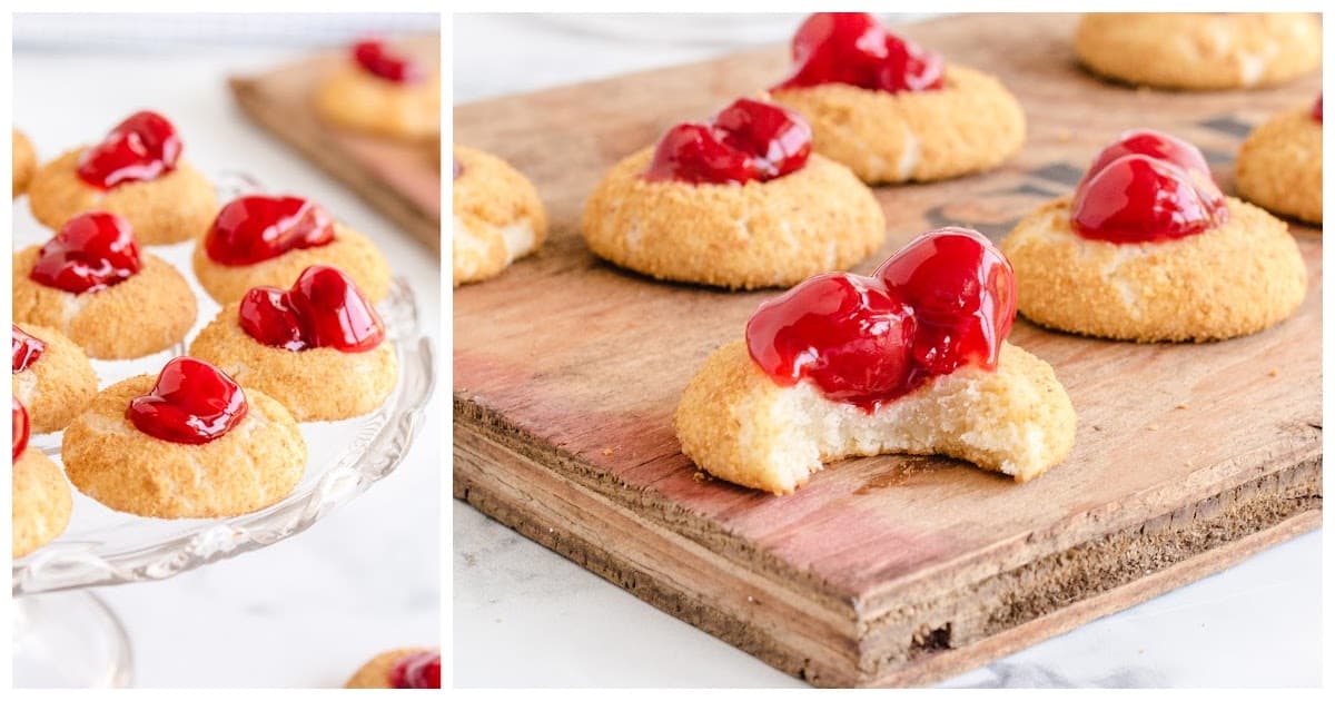Cherry Cheesecake Cookies on a wooden board and on a cookie stand