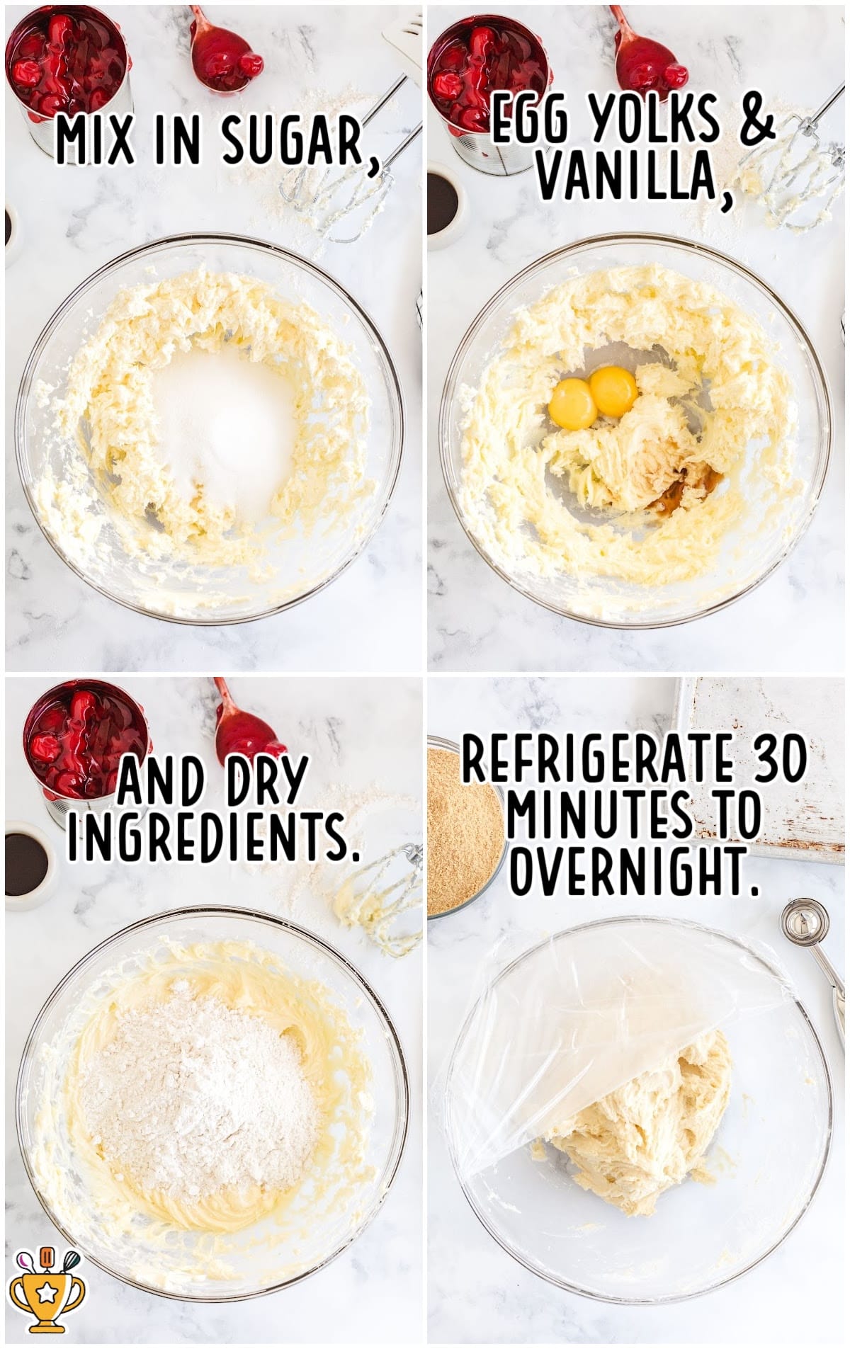 four photo steps for making Cherry Cheesecake Cookies dough