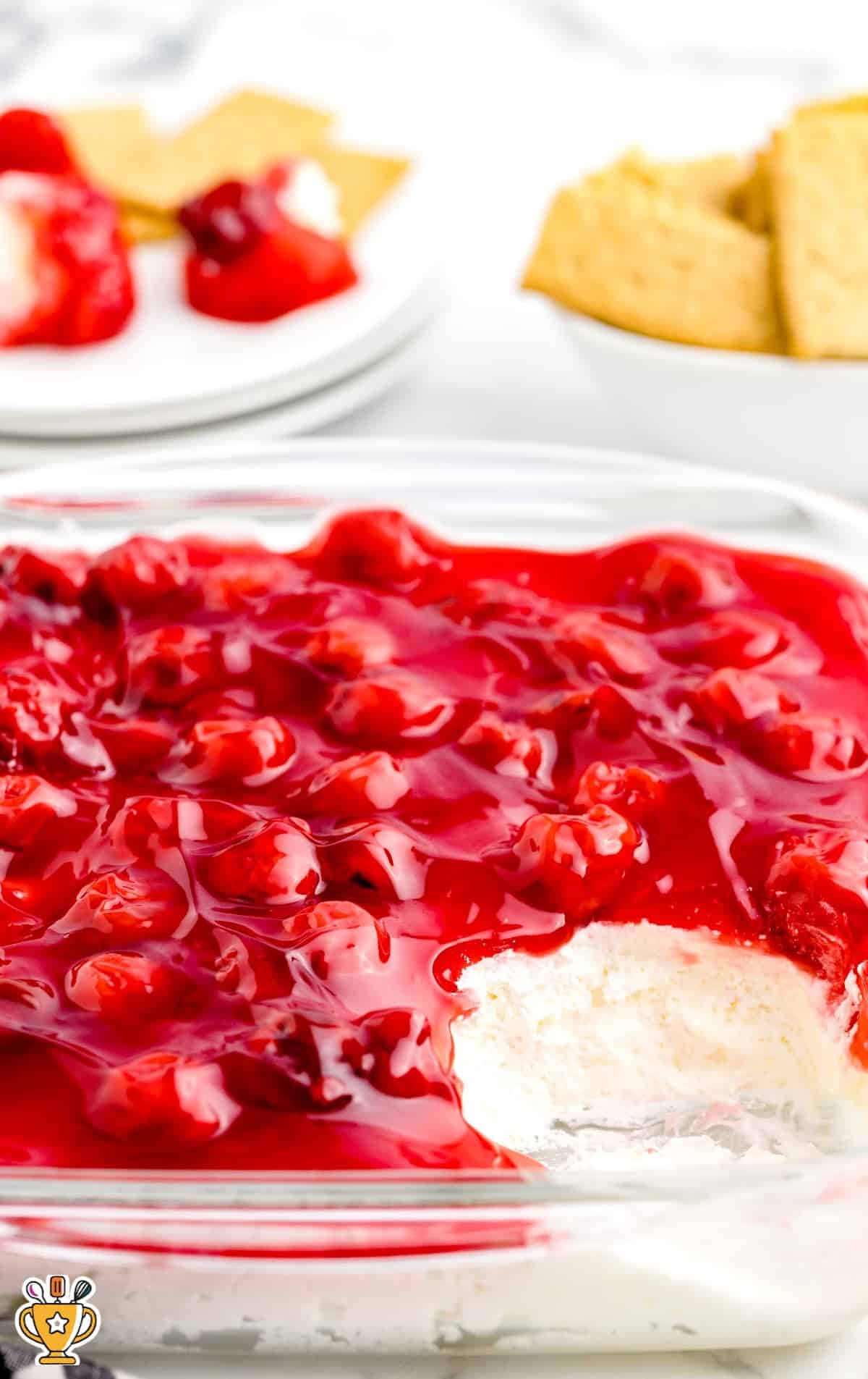Cherry Cheesecake Dip in a clear baking dish