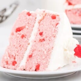 a slice of Cherry Chip Cake on a plate
