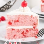 a slice of Cherry Chip Cake on a white plate