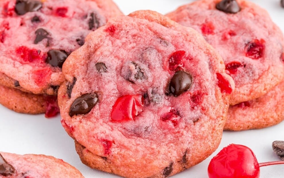 a close up photo showing three Cherry Chocolate Chip Cookies