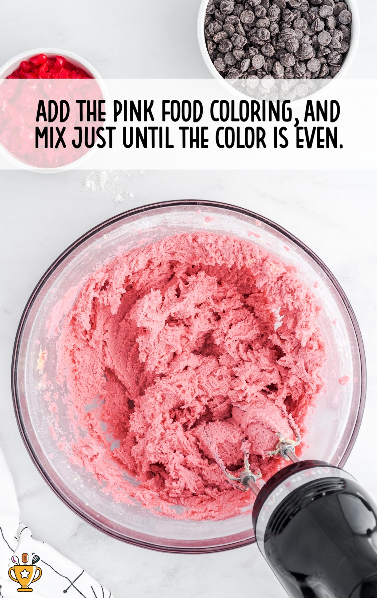 Cherry Chocolate Chip Cookies batter in a bowl with a food mixer