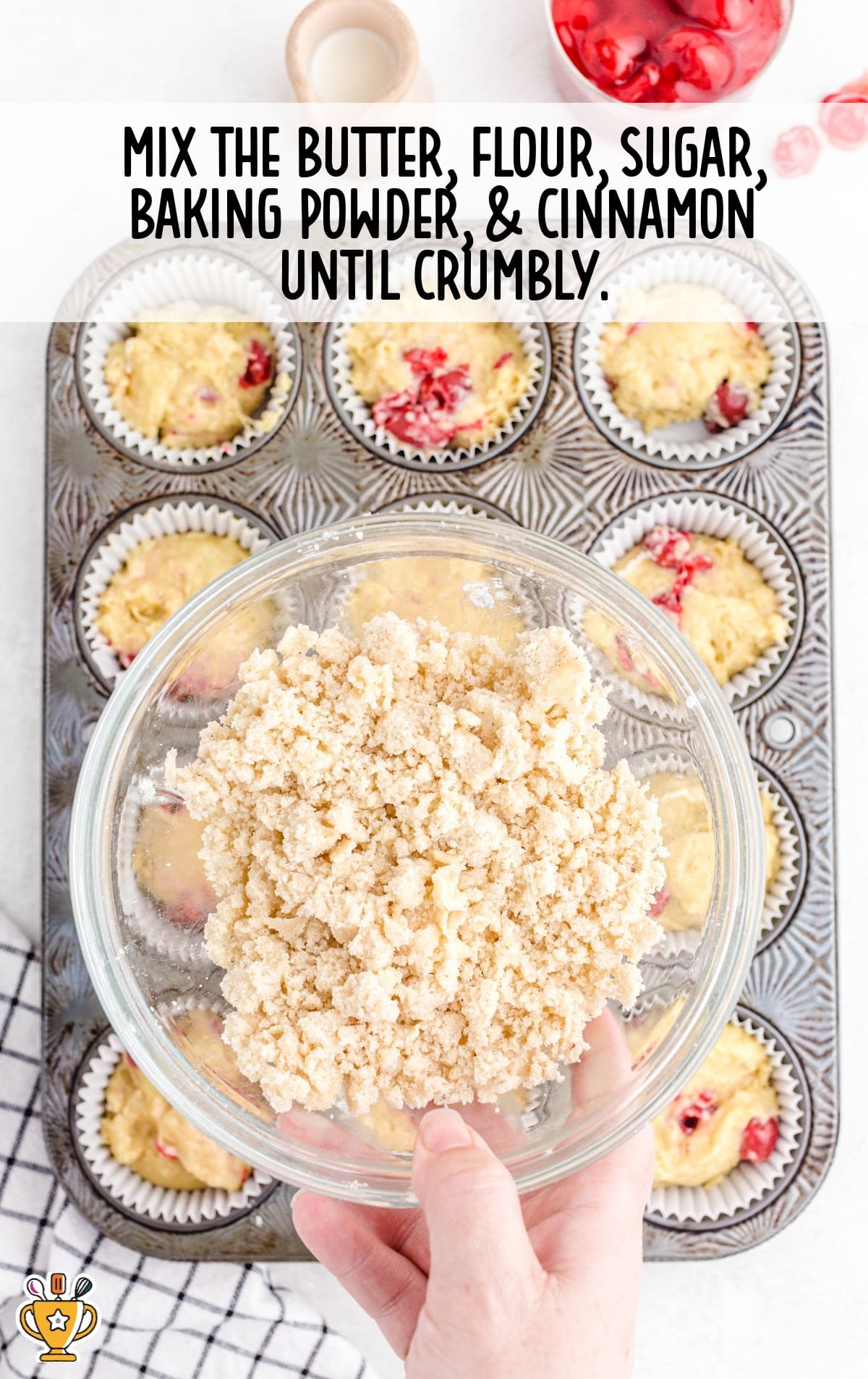 butter, flour, sugar, baking powder and cinnamon mixed together in a bowl