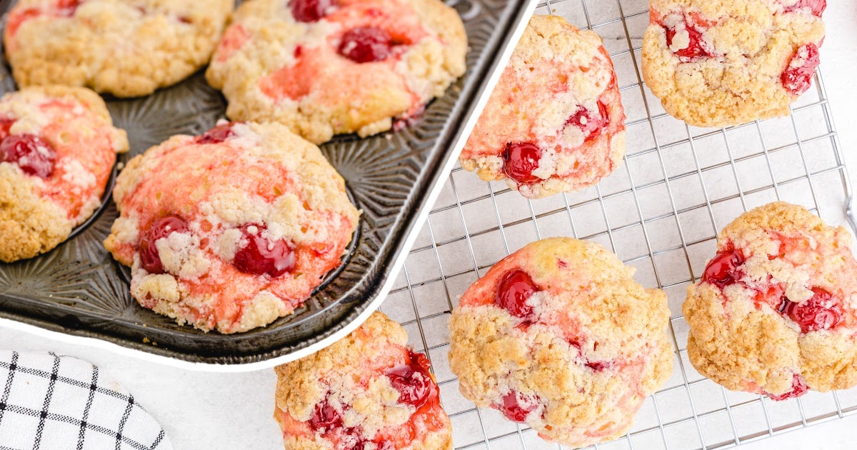 Cherry Cobbler Muffins on a cooling rack