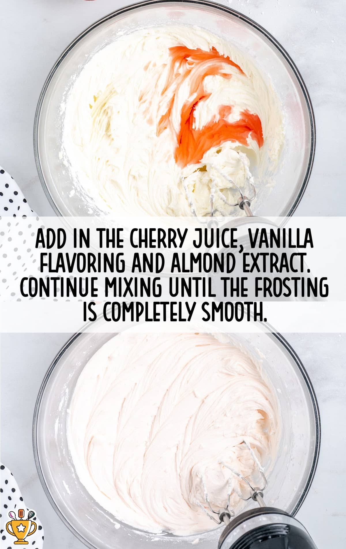 Cherry Cupcakes cherry juice, vanilla flavoring and almond extract added in a bowl