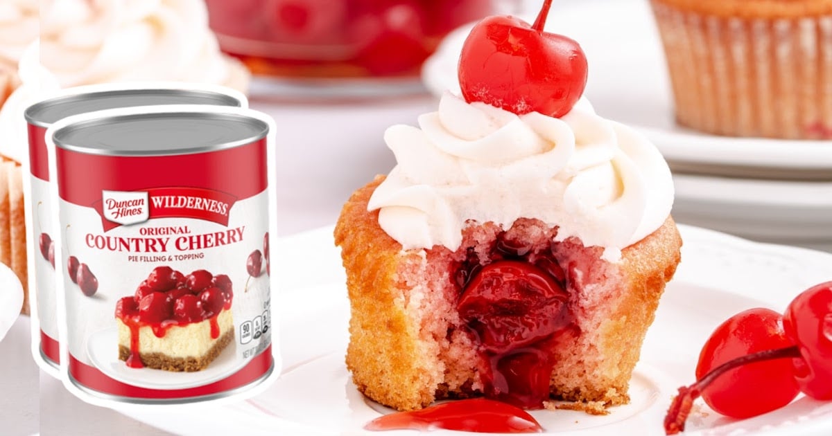 a Cherry Cupcake on a plate with two cans of pie filling