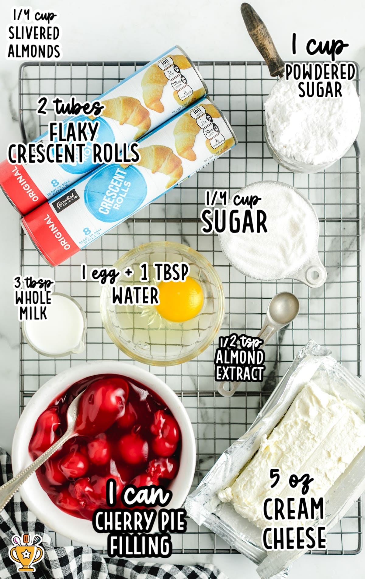 ingredients for making Cherry Danish on a cooling rack with labels on them