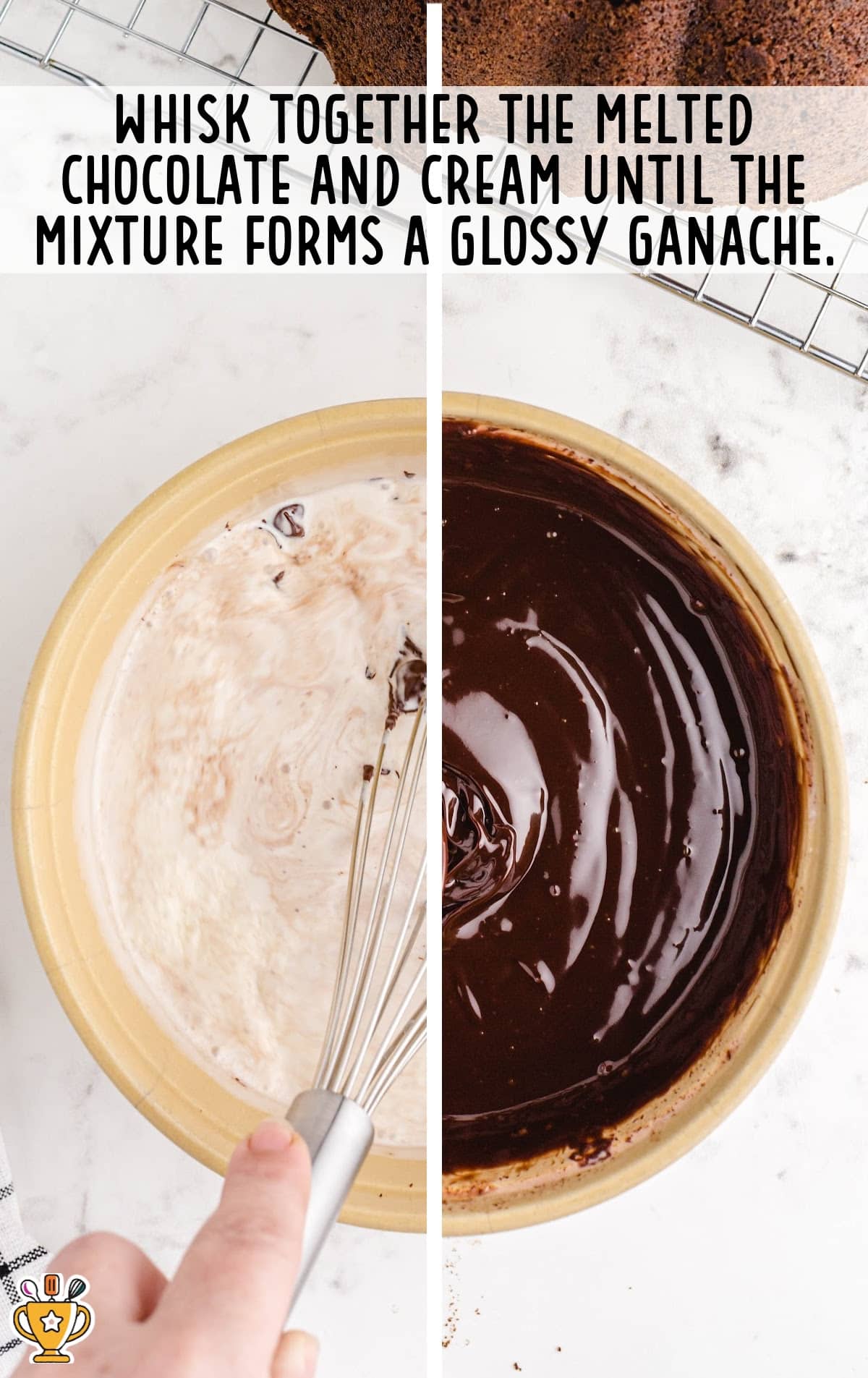 melted chocolate and cream whisked together in a bowl