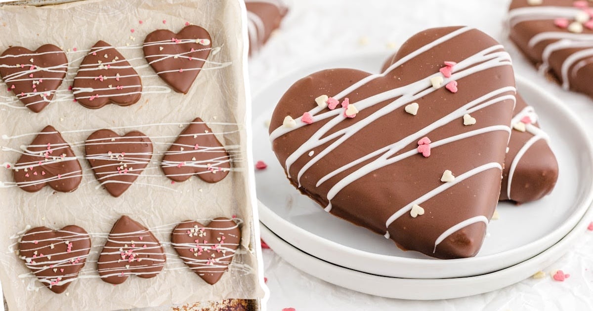 Chocolate Covered Peanut Butter Hearts on a plate and on a baking dish