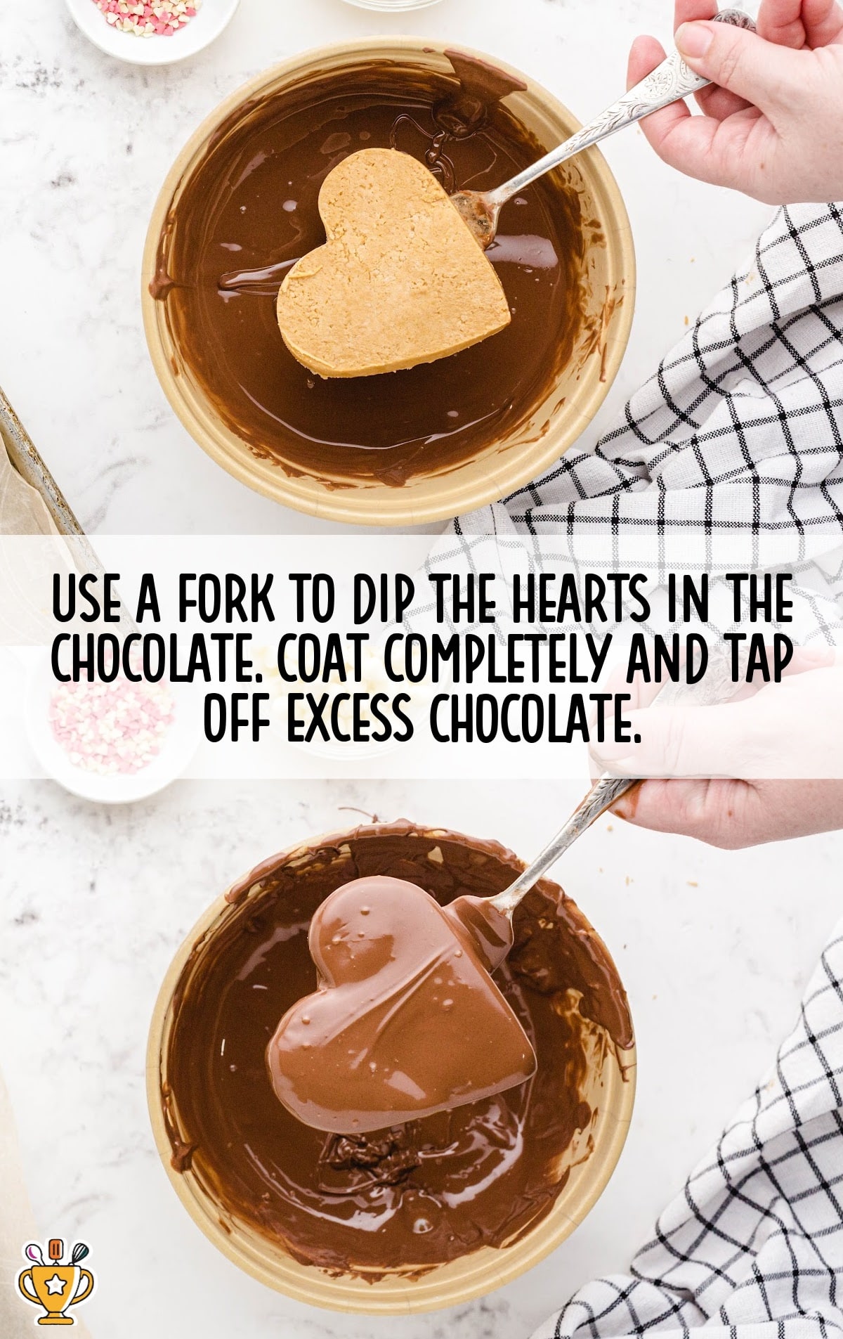 using a fork to dip the hearts in the chocolate
