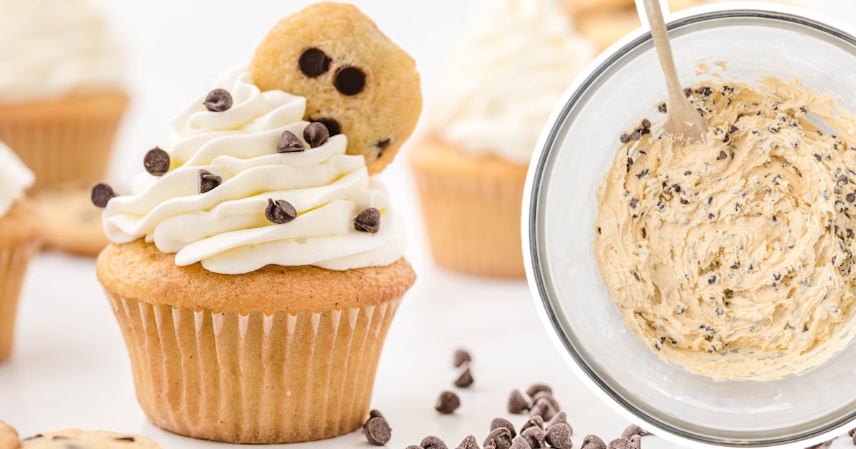 a Cookie Dough Cupcake and some mixture in a bowl