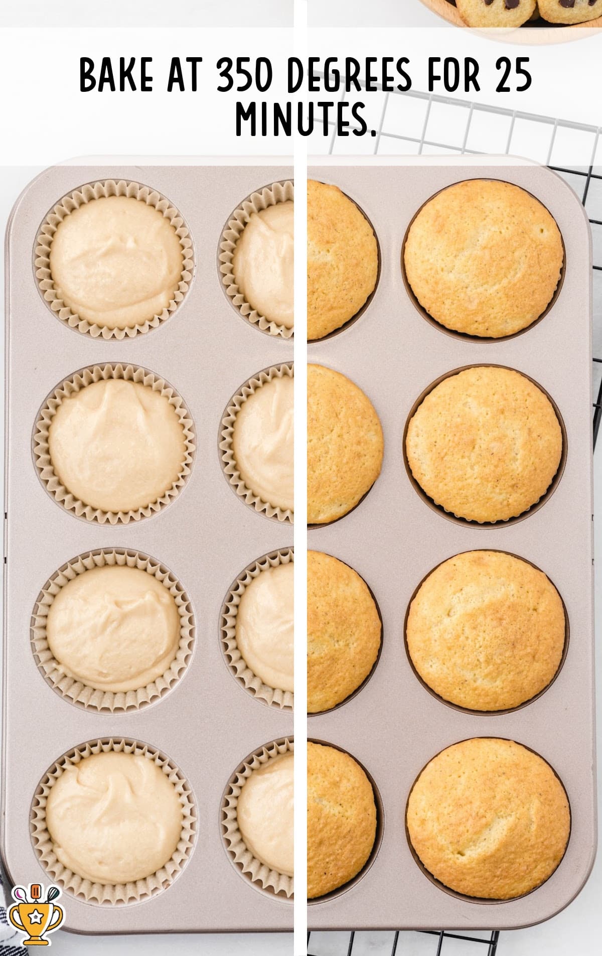 baked and unbaked Cookie Dough Cupcakes in a muffin pan