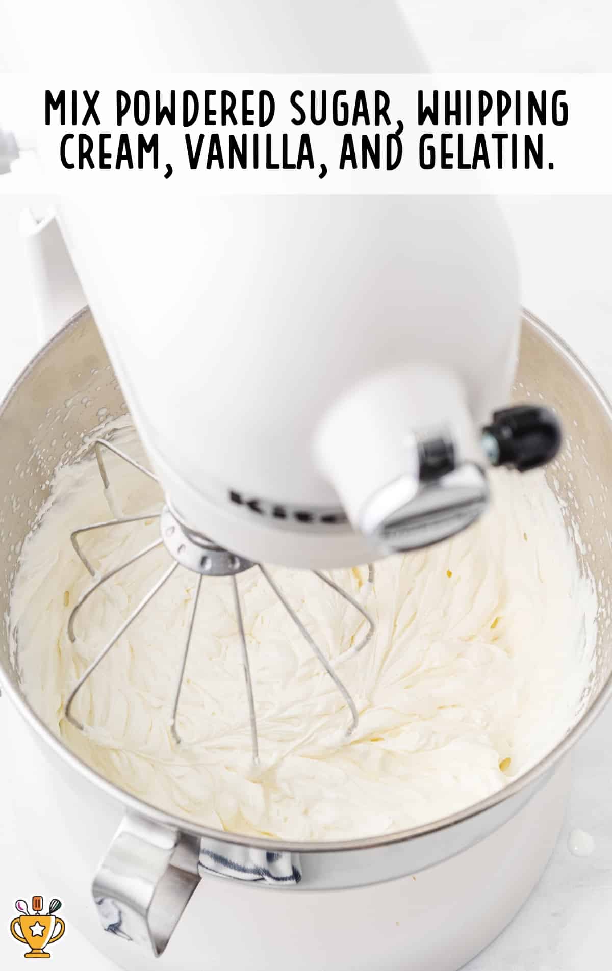 mixing powdered sugar, whipping cream, vanilla and gelatin using a food mixer