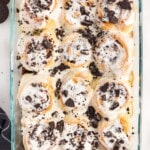 Cookies and Cream Cinnamon Rolls in a baking dish