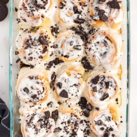Cookies and Cream Cinnamon Rolls in a baking dish