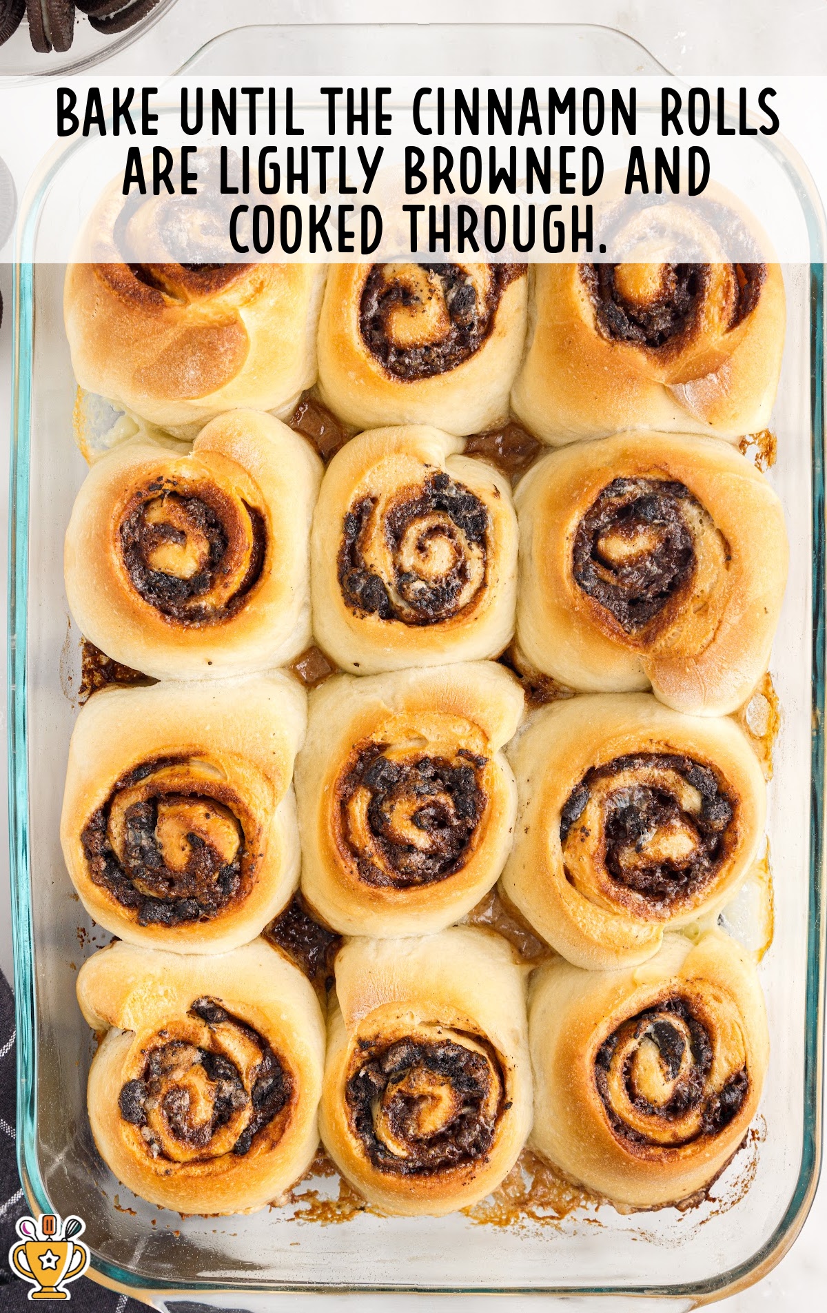 The Cookies and Cream Cinnamon Rolls are baked.
