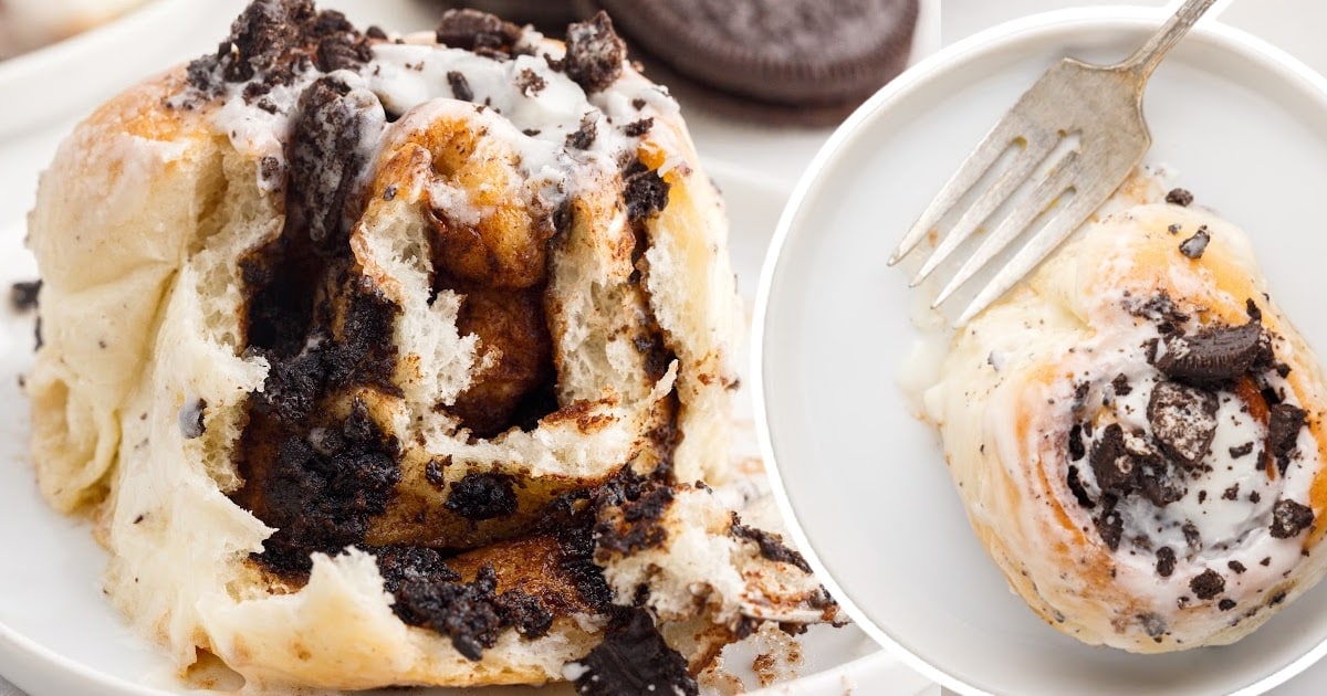 a close up photo of Cookies and Cream Cinnamon Rolls on a plate and another on a plate with a fork