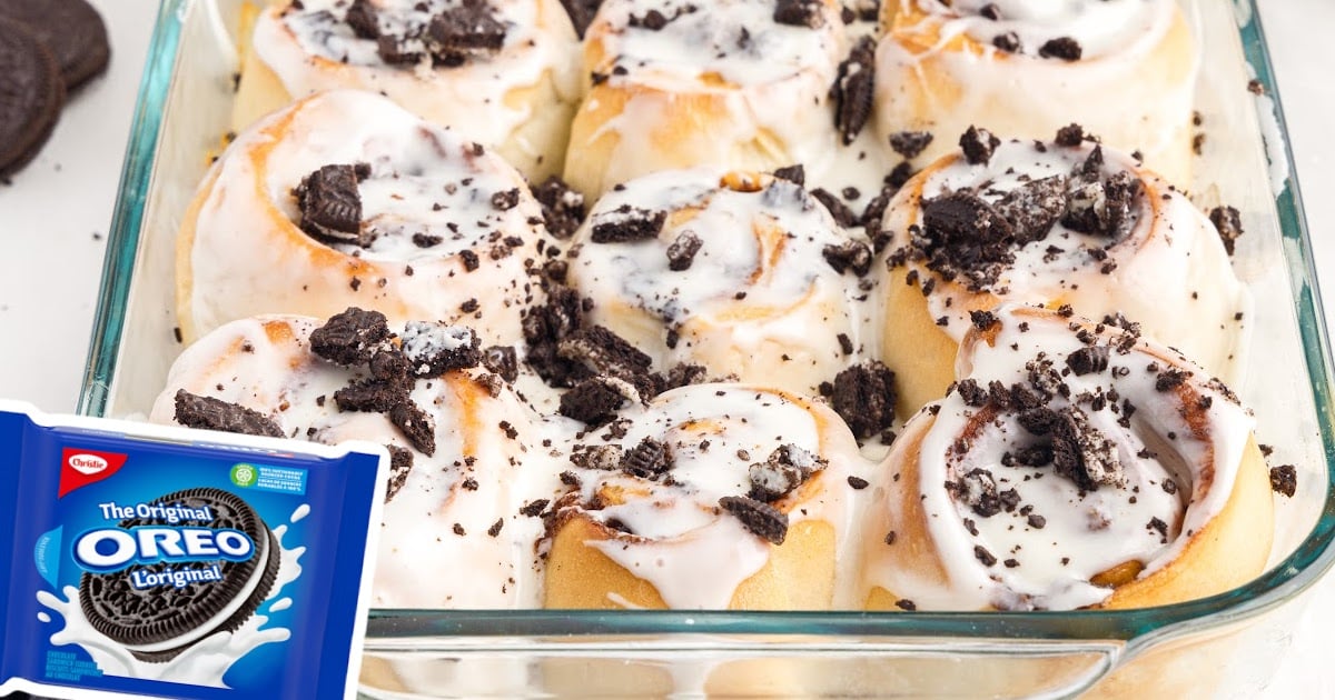 Cookies and Cream Cinnamon Rolls in a baking dish